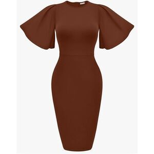 NEW Bodycon Ruffle Flared Short Sleeve Pencil Midi Dress L